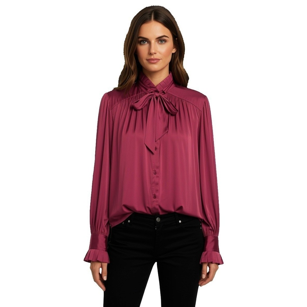 PAIGE Cabernet Wine Ruffle Neck Tie Blouse Long Sleeve Button Down Top S 5518E25